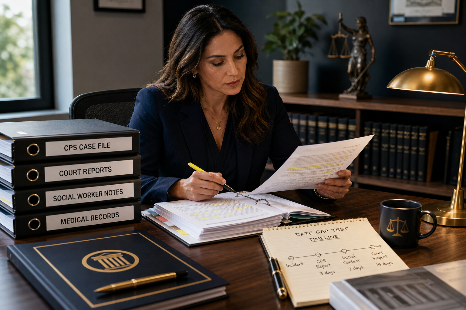 California dependency attorney reviewing CPS case files at a walnut desk with labeled court binders, timeline notes, and highlighted documentation excerpts in a professional law office