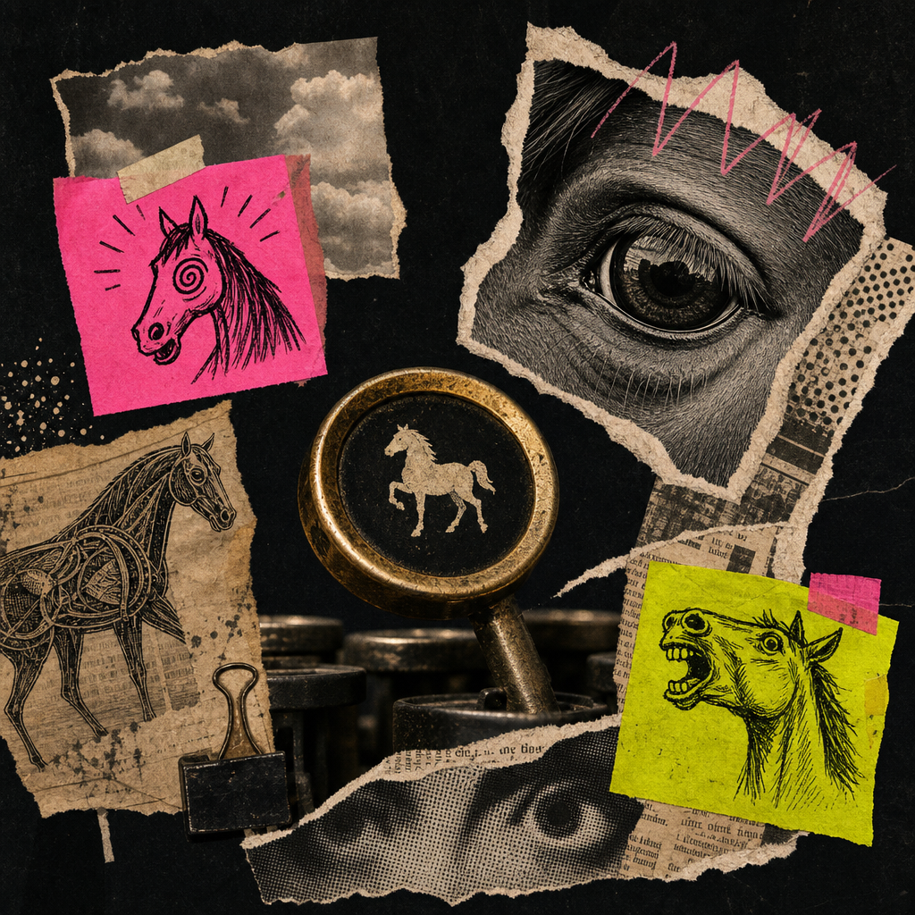 Ripped paper collage with a brass typewriter key, a cut-out horse eye, and neon sticky notes layered on a charcoal background