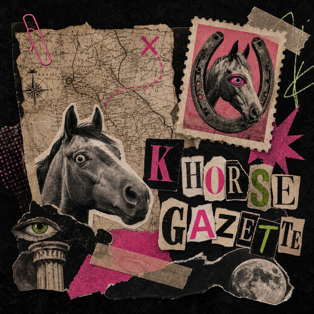Chaotic scrapbook panel with a vintage map fragment, surreal horseshoe stamp, and torn magazine letters on a dark textured paper