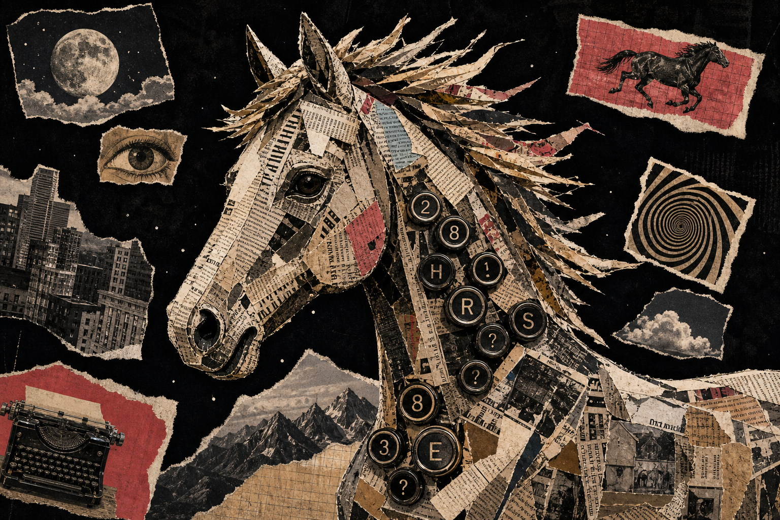 Surreal collage of a horse with mismatched newspaper cutouts, typewriter keys, and floating headline strips on a dark scrapbook background
