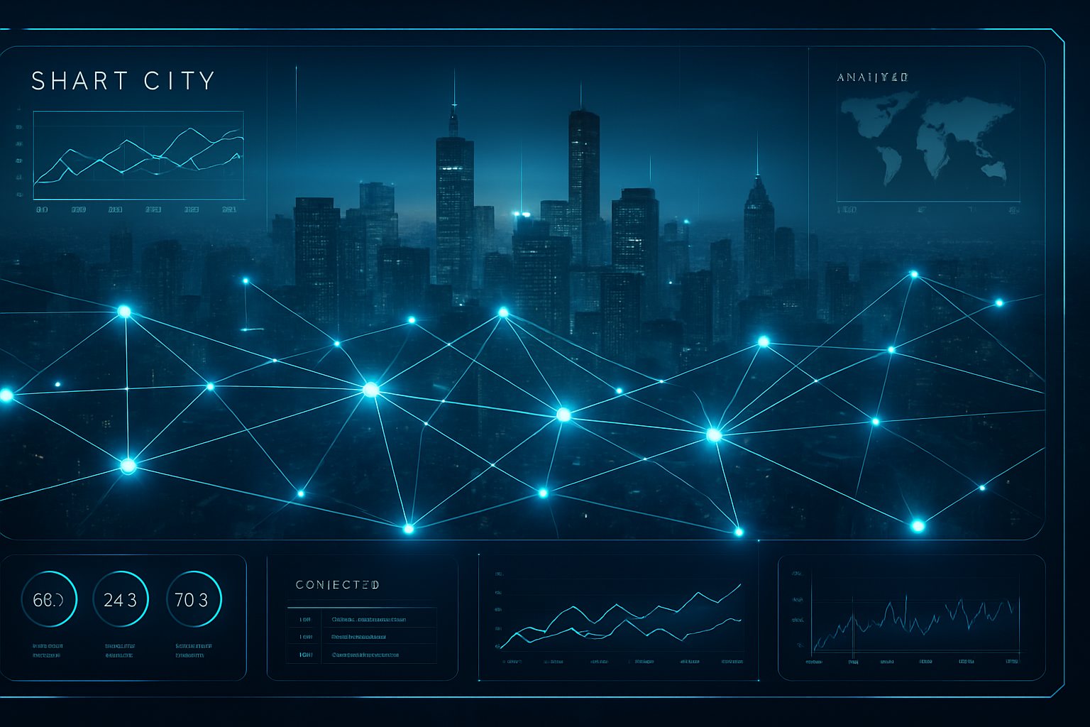 Futuristic smart city infrastructure dashboard with connected grid lines