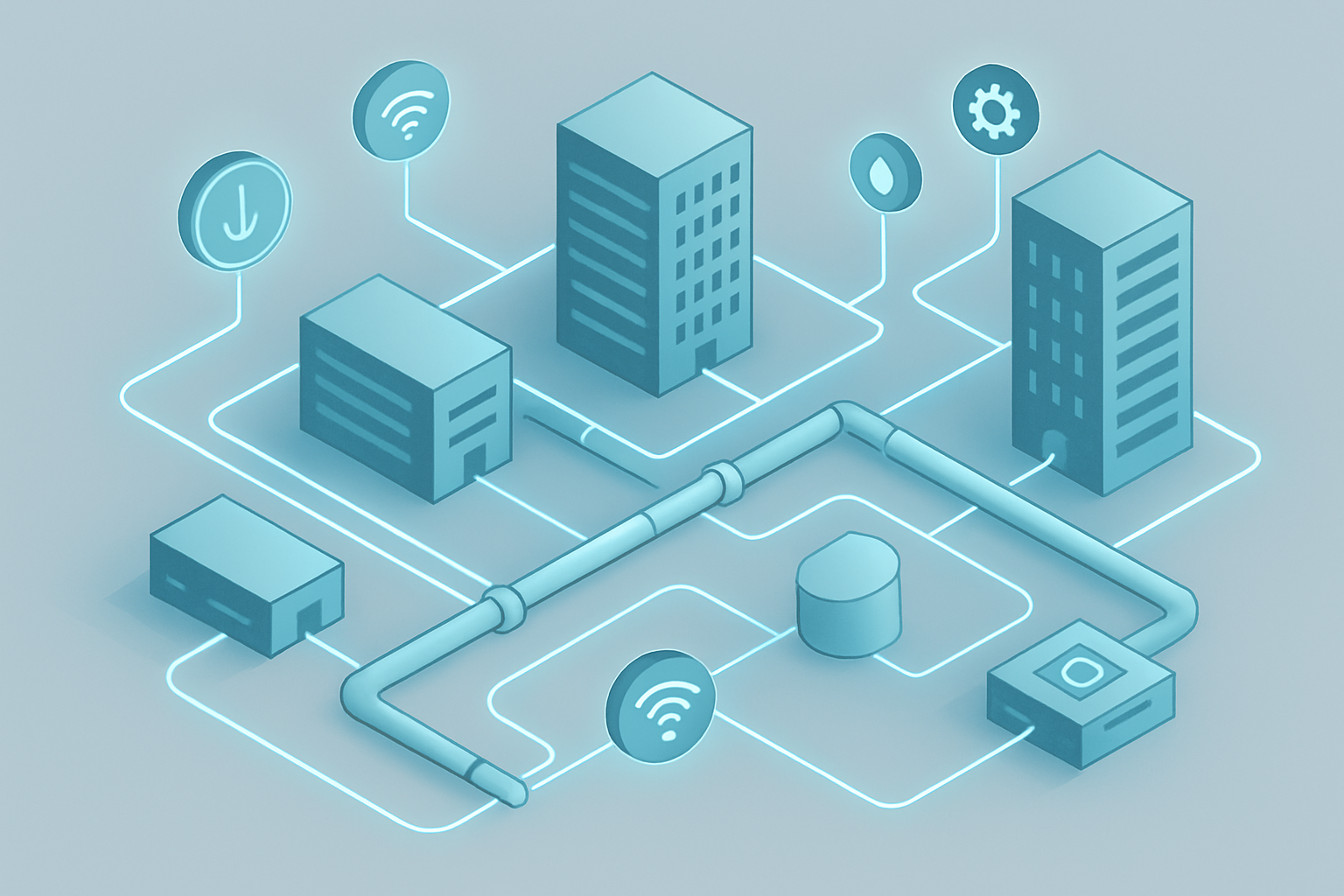 Abstract isometric smart city network diagram