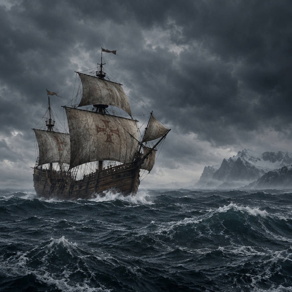 Wooden exploration ship with pale sails crossing open water under a wide sky