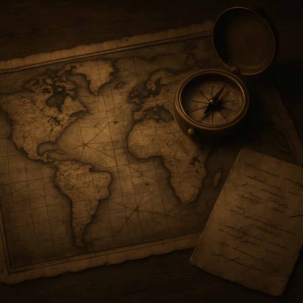 Educational world exploration still life with a vintage world map, brass compass, handwritten sea route markings, and warm natural light