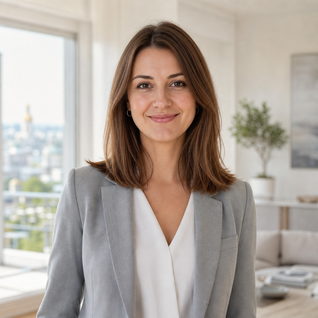 Portrait of Olha Melnyk, a professional Kyiv real estate agent with a warm smile in a modern blazer
