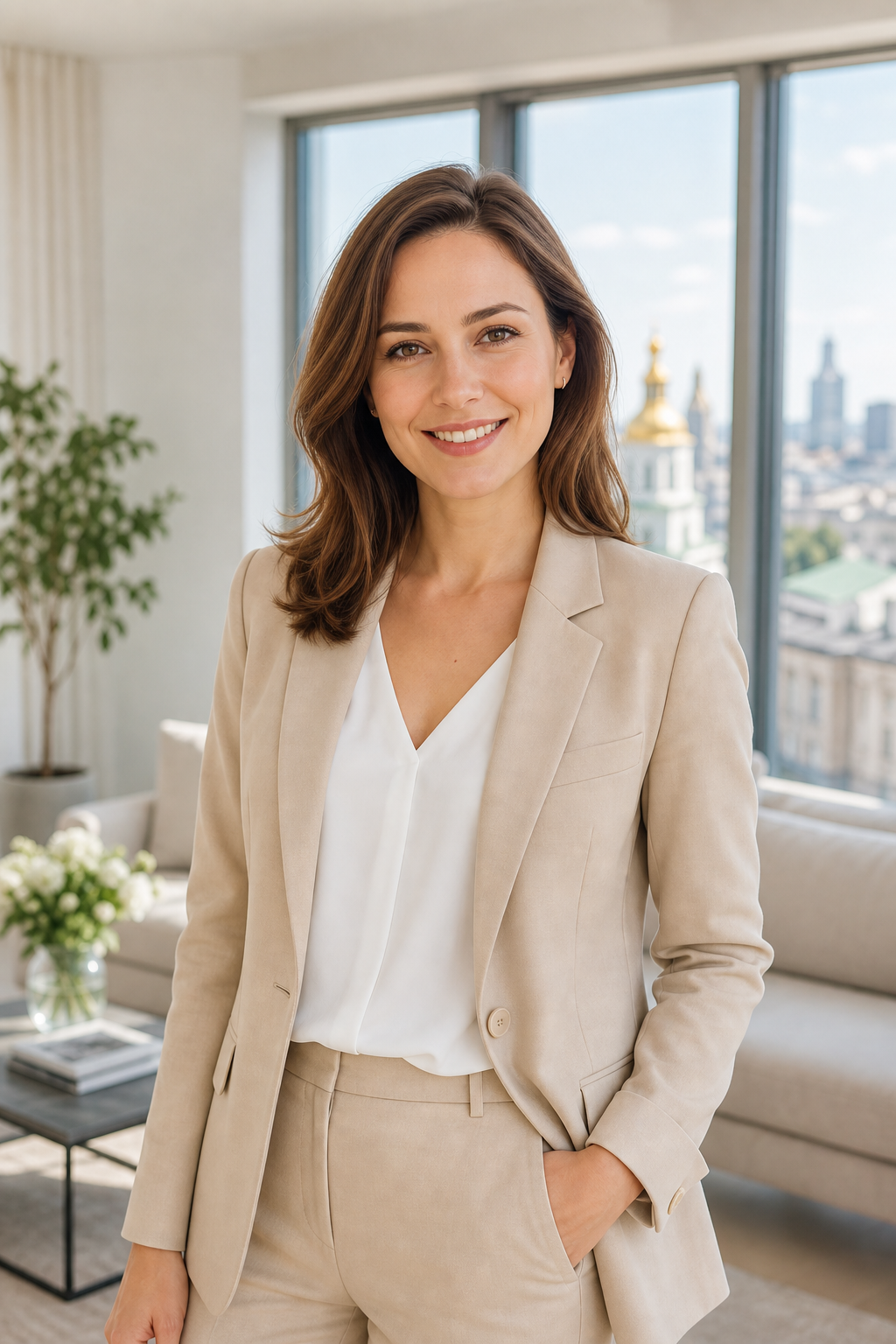 Olha Melnyk smiling in a modern blazer, standing in a bright Kyiv apartment