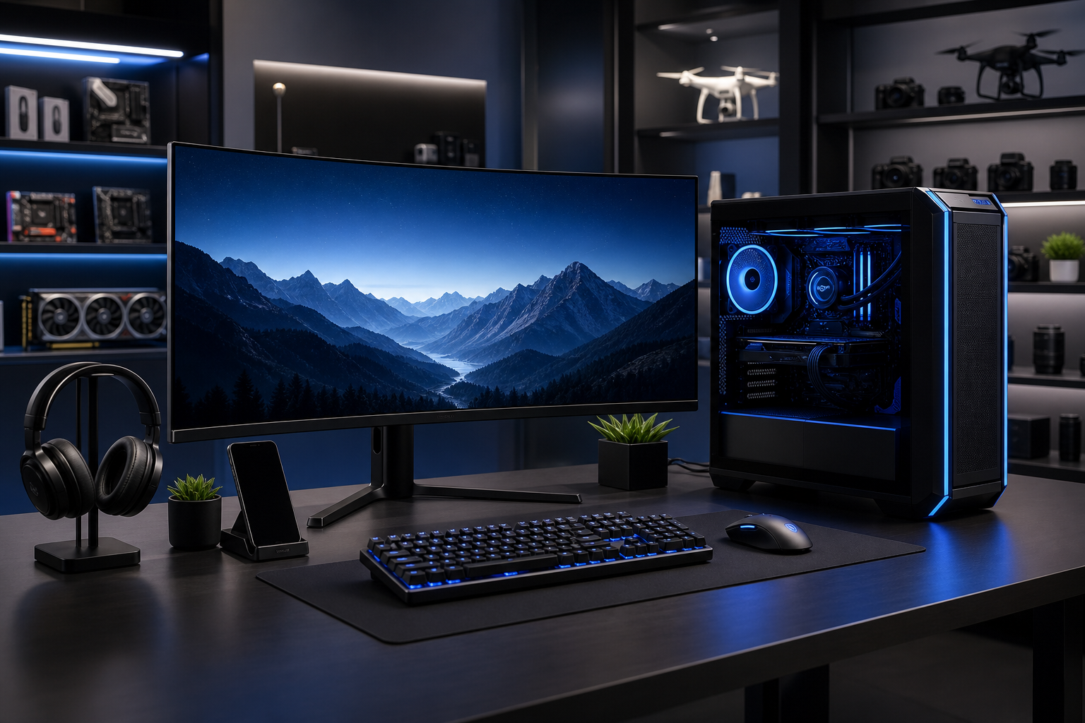 Imagen promocional de un workstation moderno con monitor ultrawide, torre de alto rendimiento, teclado mecánico y periféricos sobre un escritorio oscuro con iluminación azul