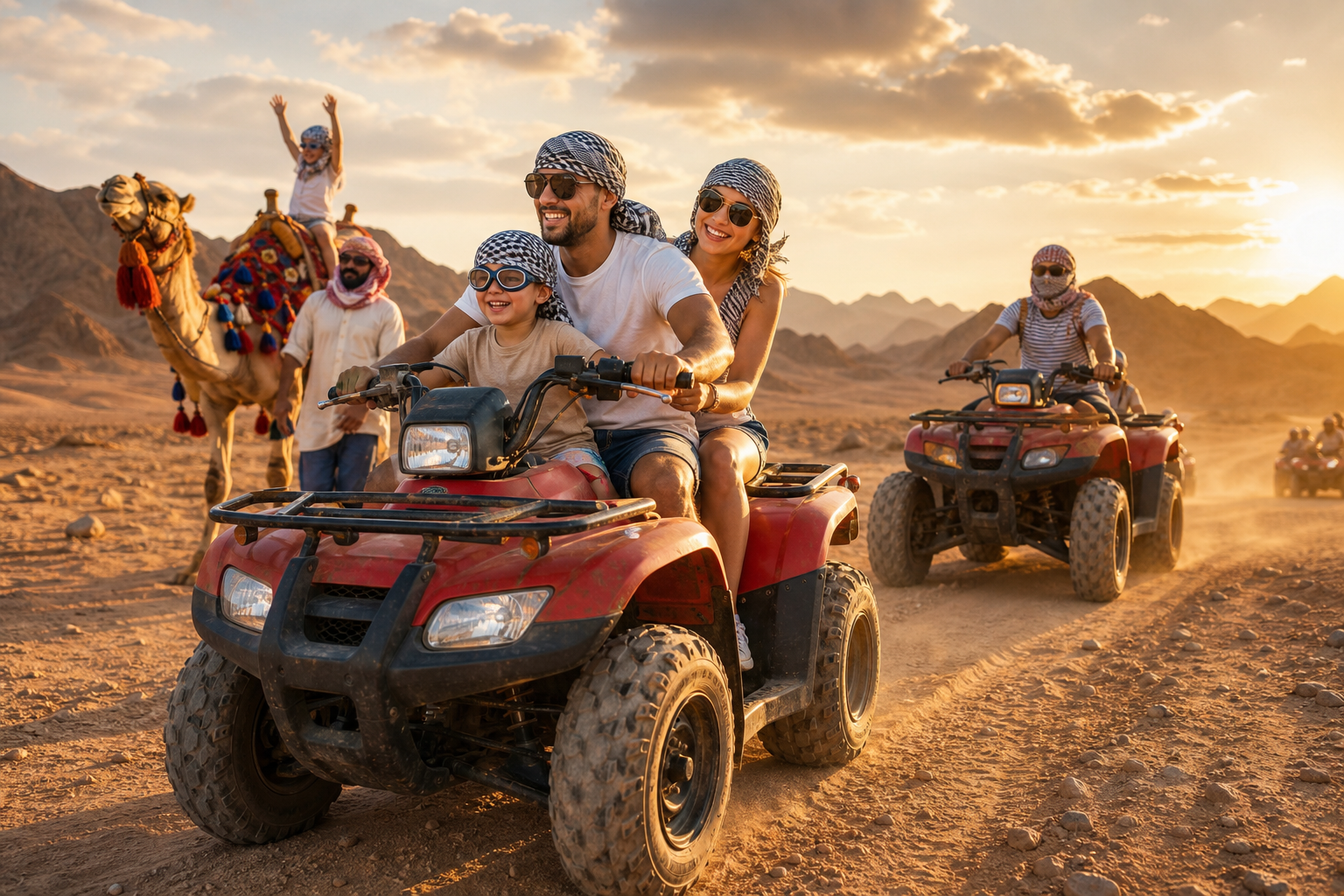 Cinematic desert tour scene for Family Quad & Camel Safari