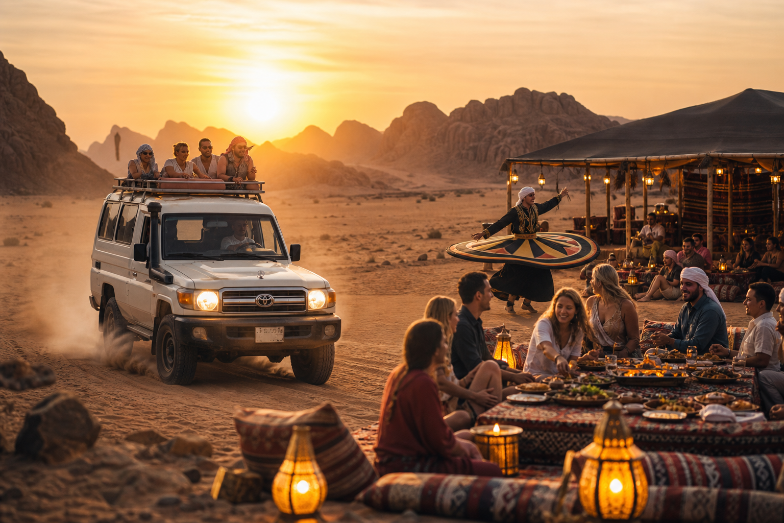 Cinematic desert tour scene for Jeep Safari & Bedouin Dinner