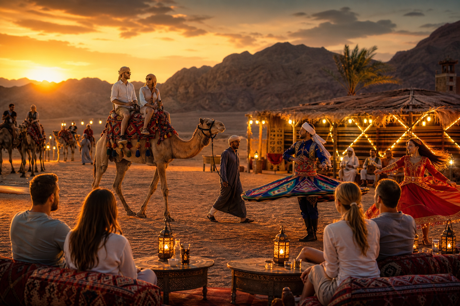 Cinematic desert tour scene for Camel Ride & Cultural Desert Show