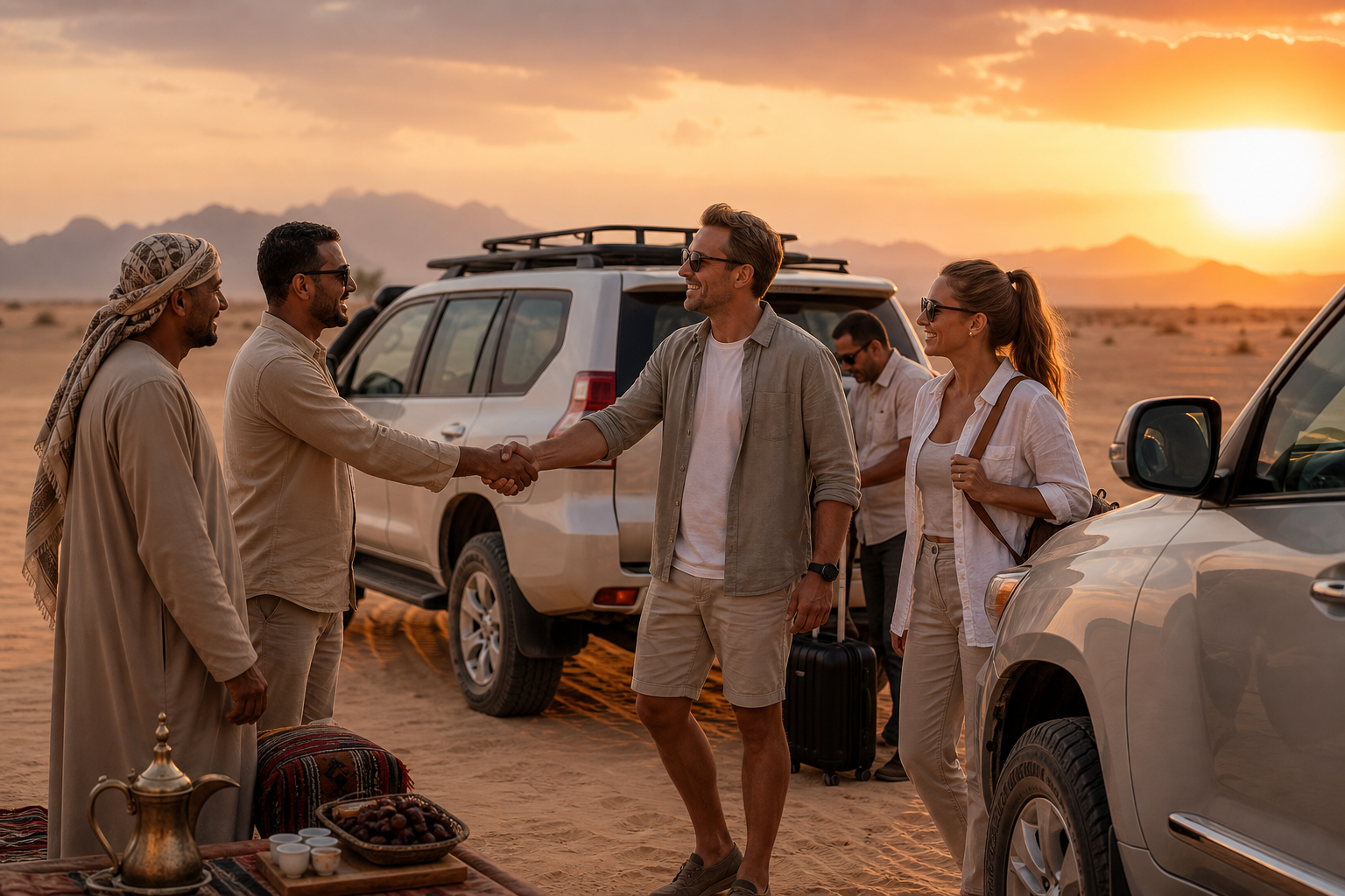 Professional safari team welcoming guests beside polished 4x4 vehicles at golden desert sunset in Hurghada