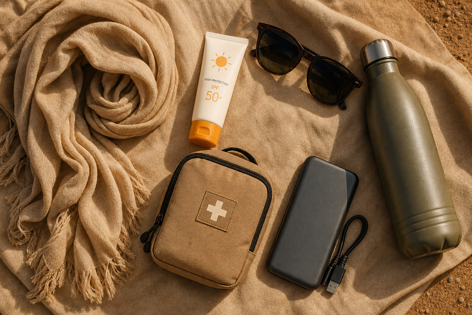 Flat lay of safari essentials including scarf, sunscreen, water bottle, and sunglasses