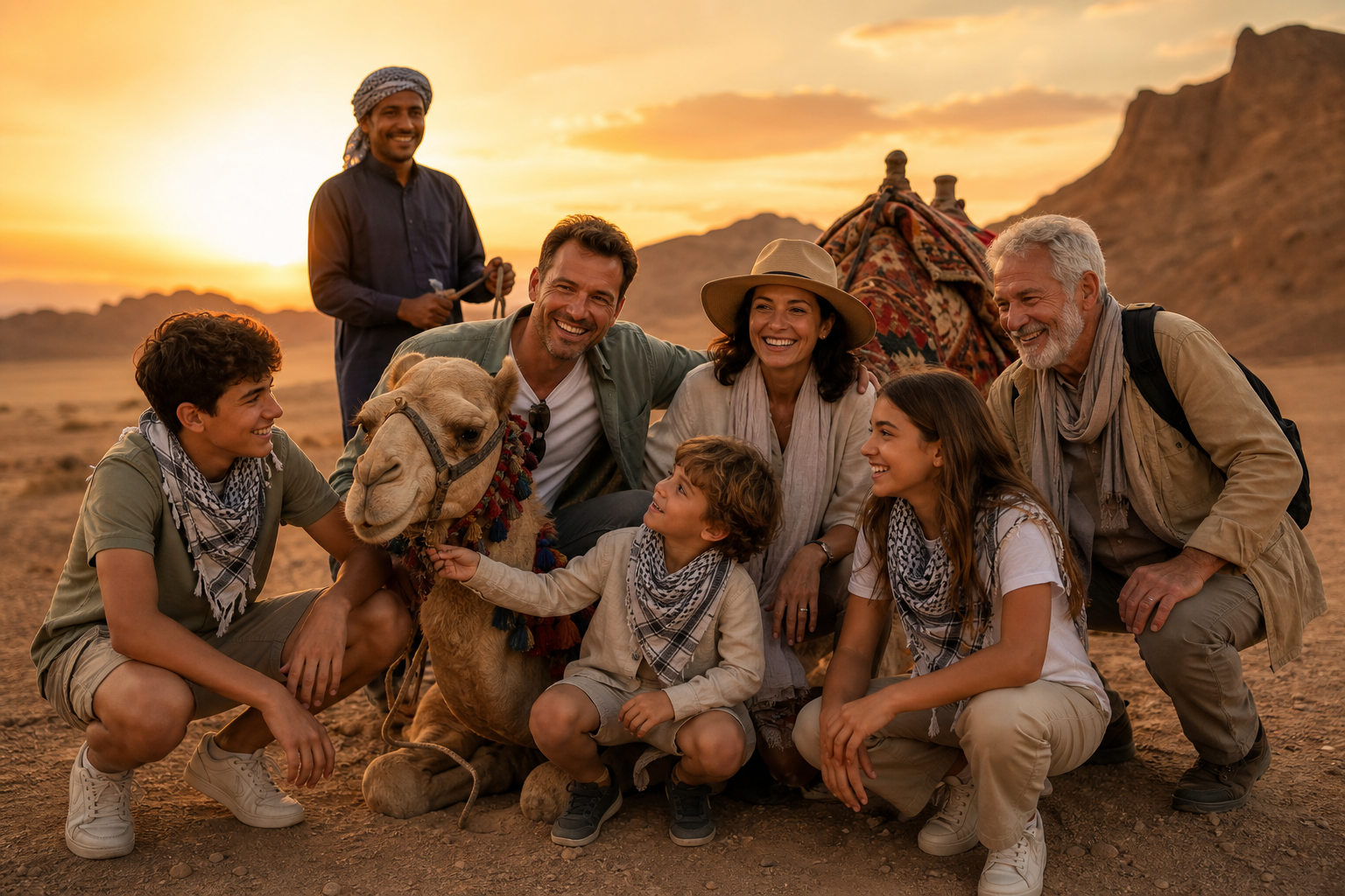 Family with children and grandparents enjoying a calm camel stop in the desert