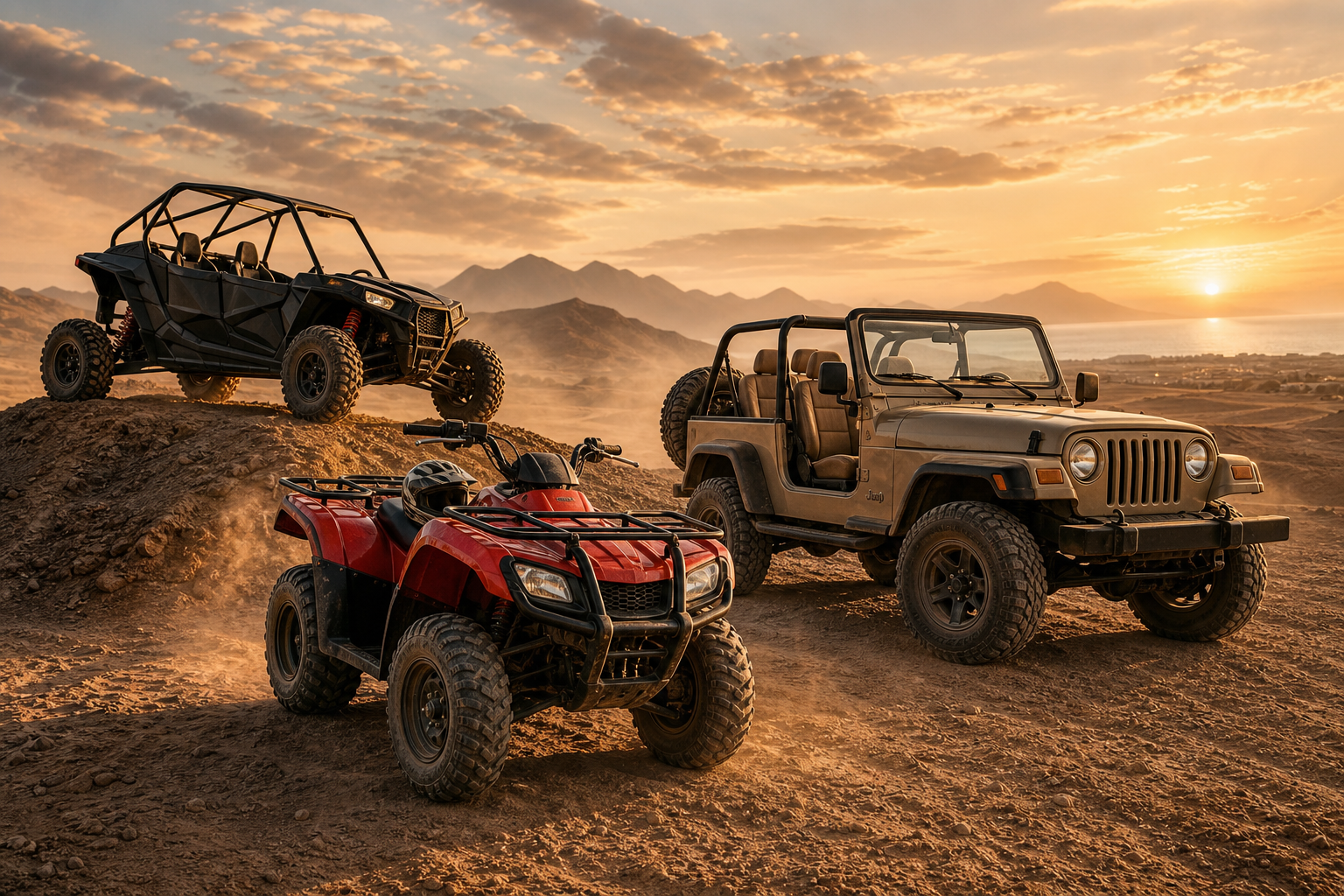 Sunset convoy of quad bikes, jeep, and buggy on a Hurghada desert ridge