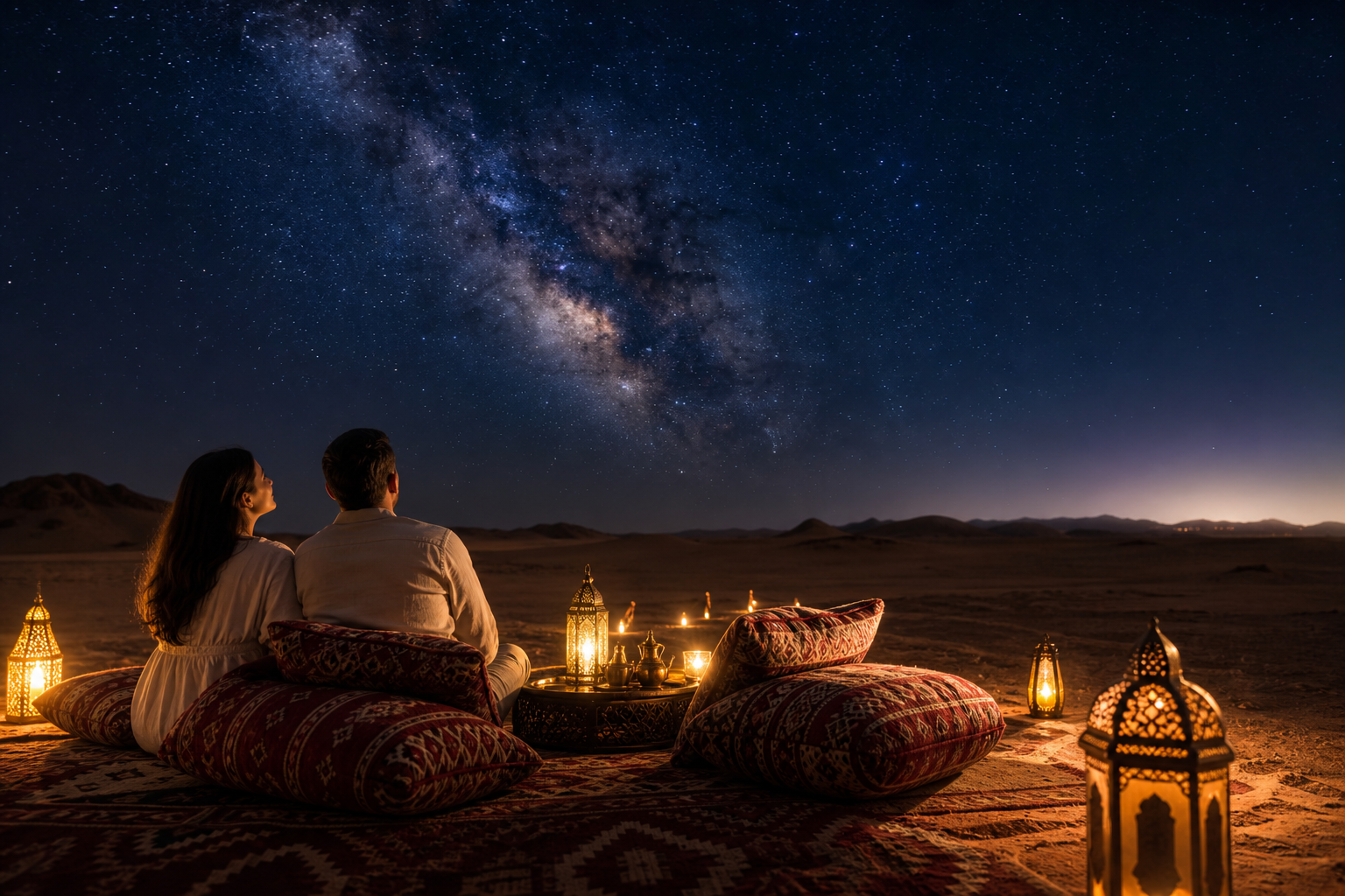 Couple seated on desert cushions under a bright Milky Way sky near Hurghada
