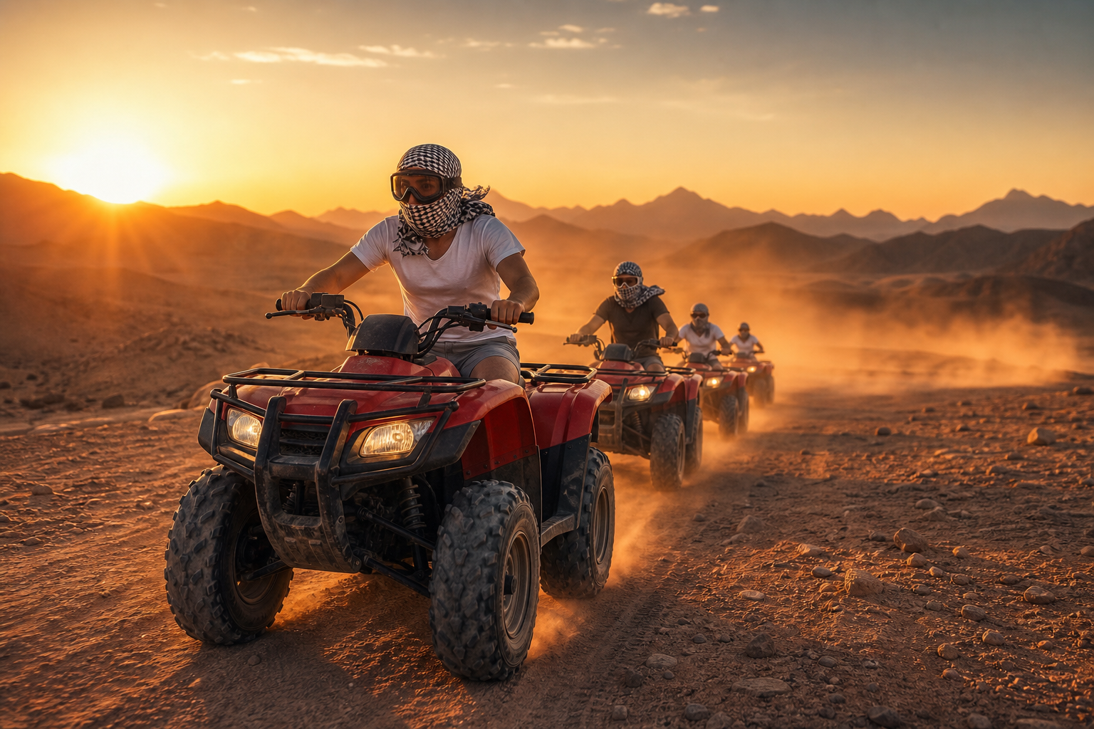 Cinematic desert tour scene for Quad Bike Sunrise Dune Safari