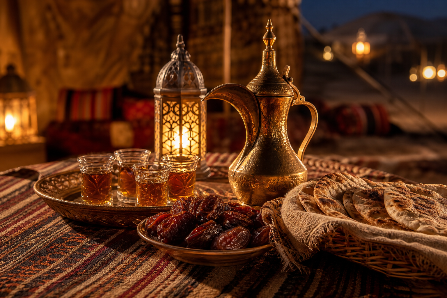 close-up of a Bedouin dinner table with brass tea set, dates, and warm lantern glow