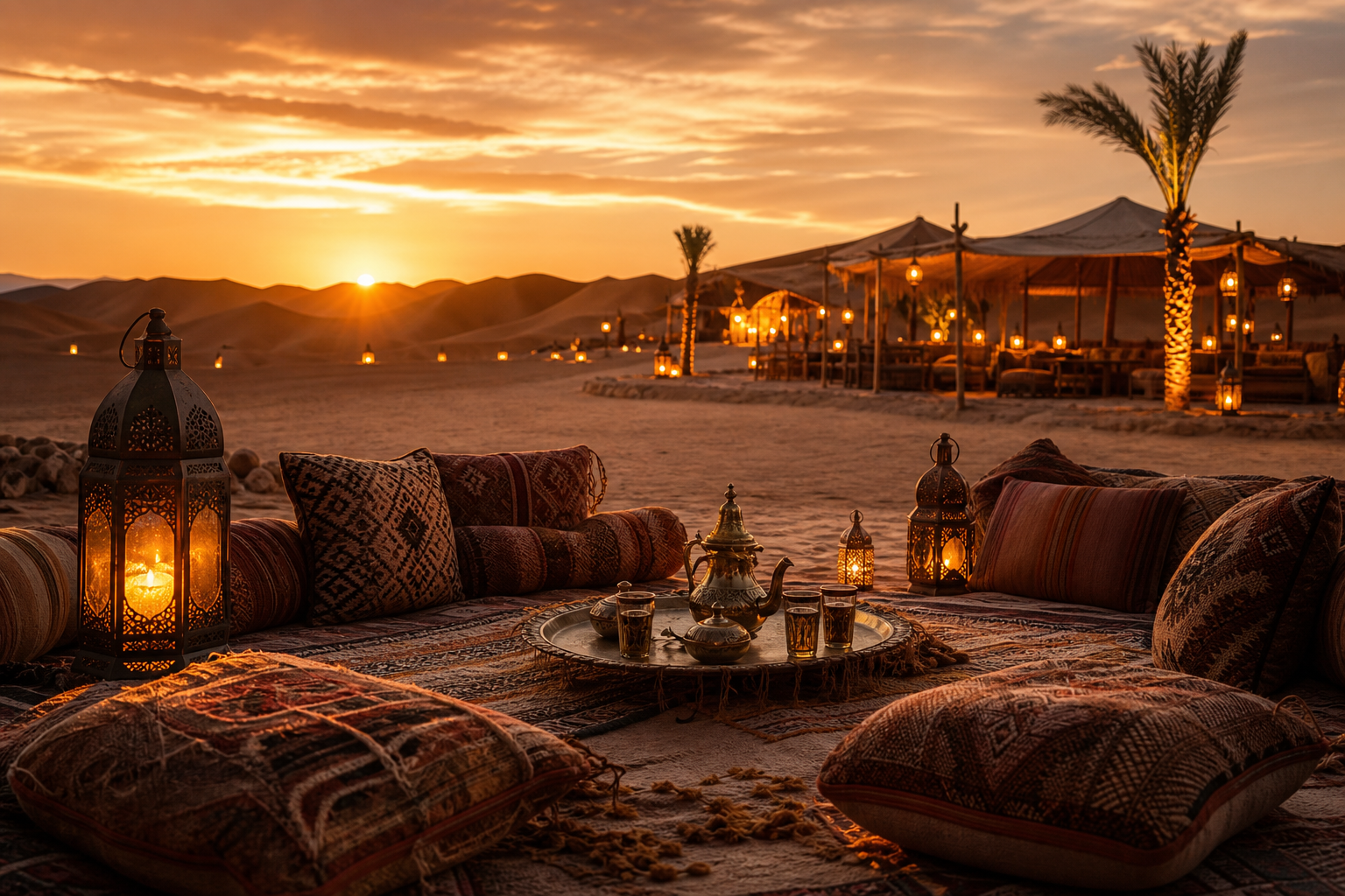 Editorial desert camp atmosphere at golden hour with warm lantern light, low seating, and distant Hurghada dunes