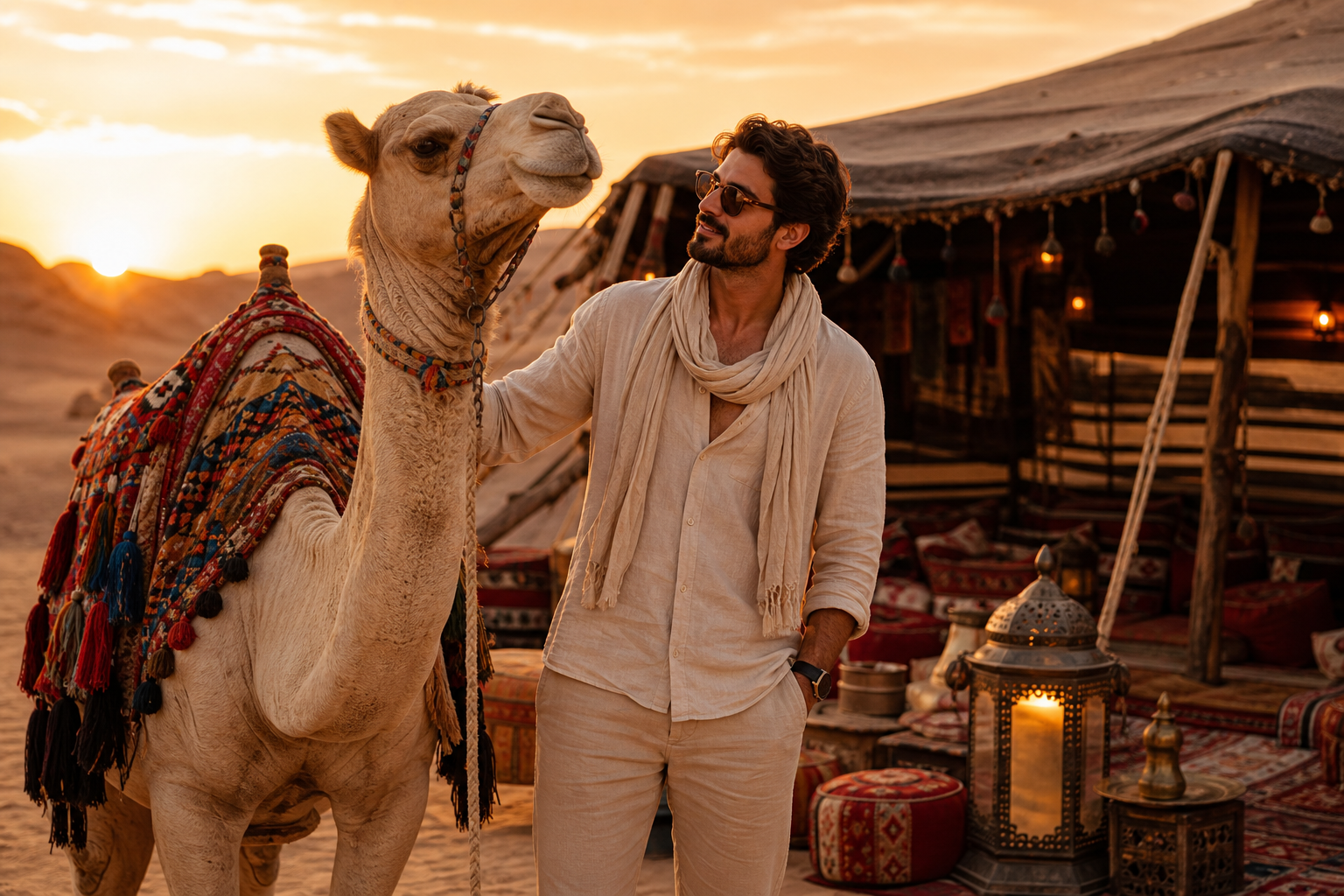 traveler in light linen outfit beside a tan camel near a traditional Bedouin tent