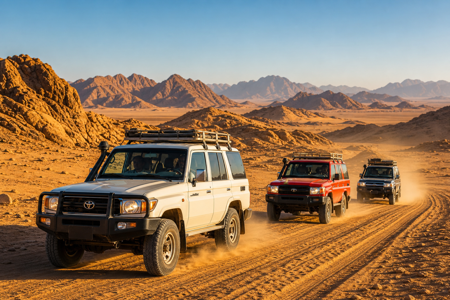 4x4 safari jeeps crossing rippled desert tracks under bright afternoon light