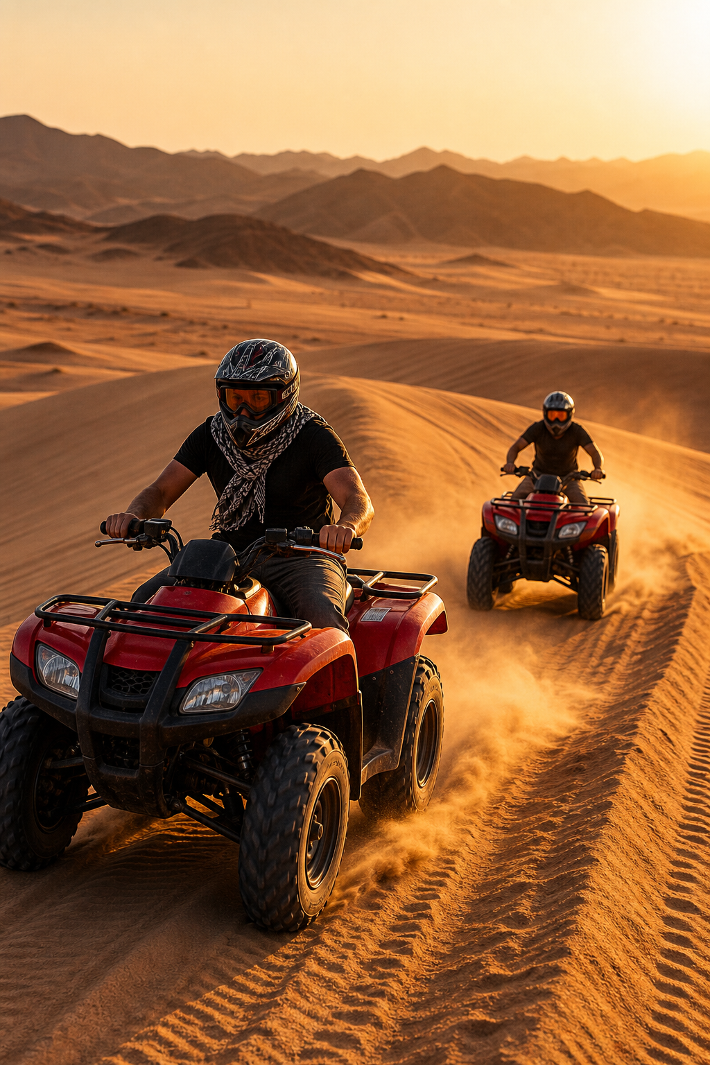 Quad bikes crossing rolling desert dunes with dust trails at speed