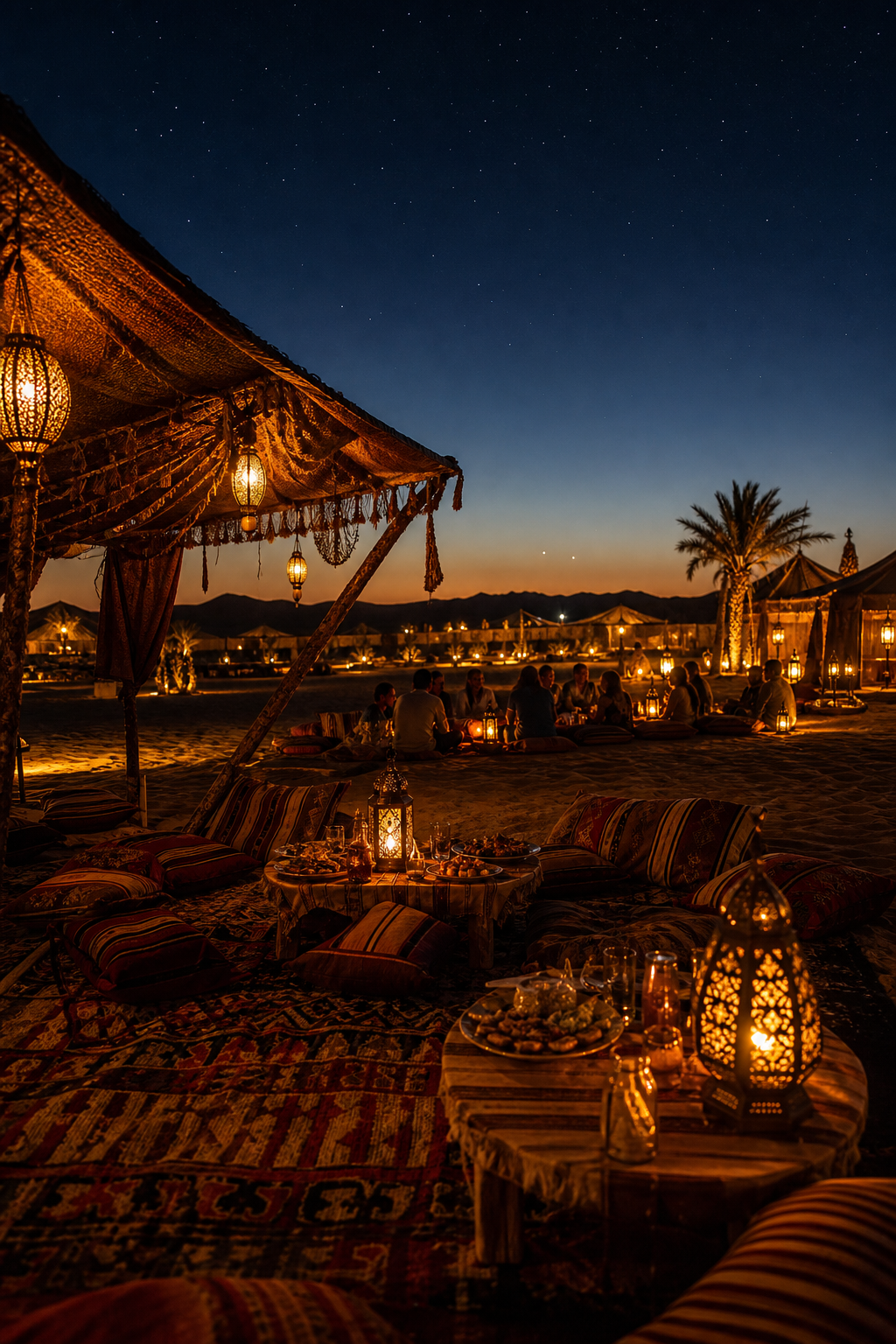 Bedouin camp evening ambiance with lanterns, dinner tables, and night sky