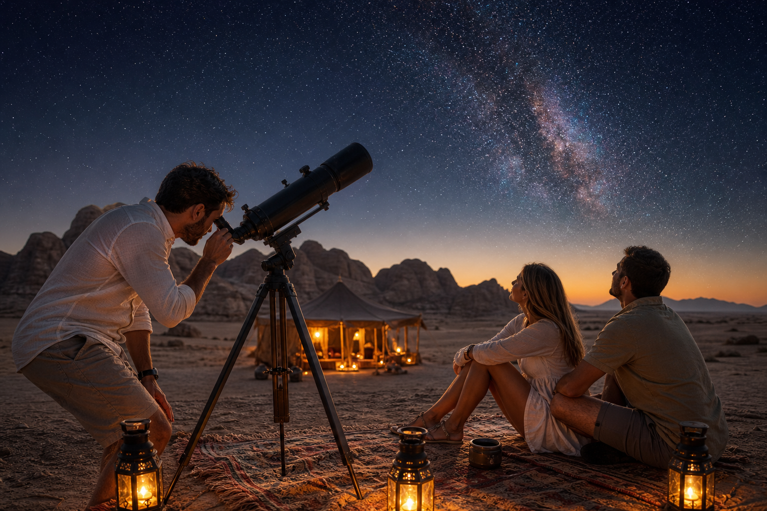 Cinematic desert tour scene for Stargazing Safari Experience