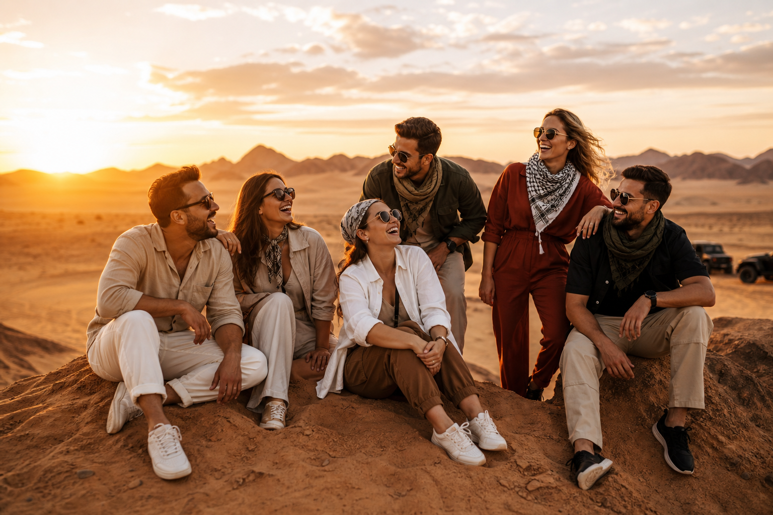diverse group of six tourists laughing together on dune ridge after safari ride