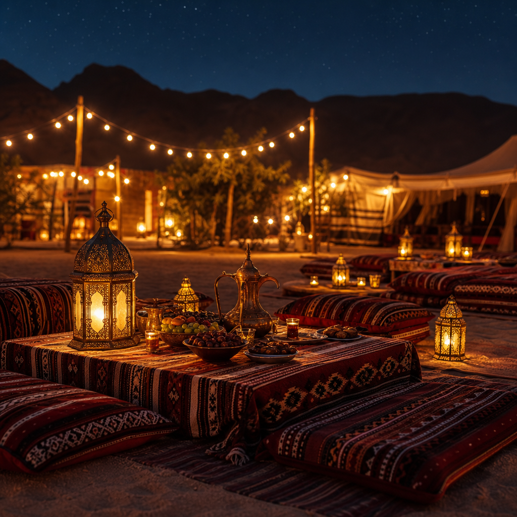 Bedouin dinner setup in the desert with lantern glow, low tables, and inviting evening ambience