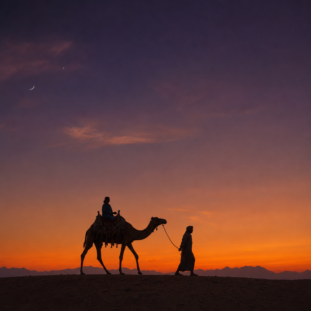Camel ride silhouette at dusk with soft sunset horizon across open desert