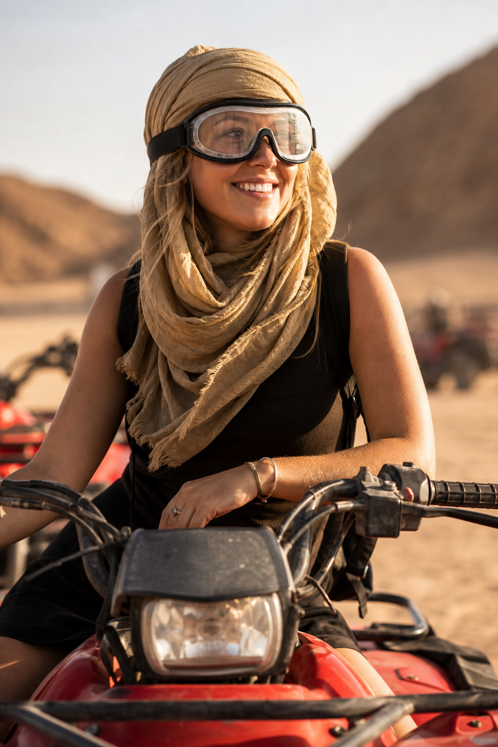 Close-up guest experience moment showing a traveler wearing safari goggles beside a quad bike
