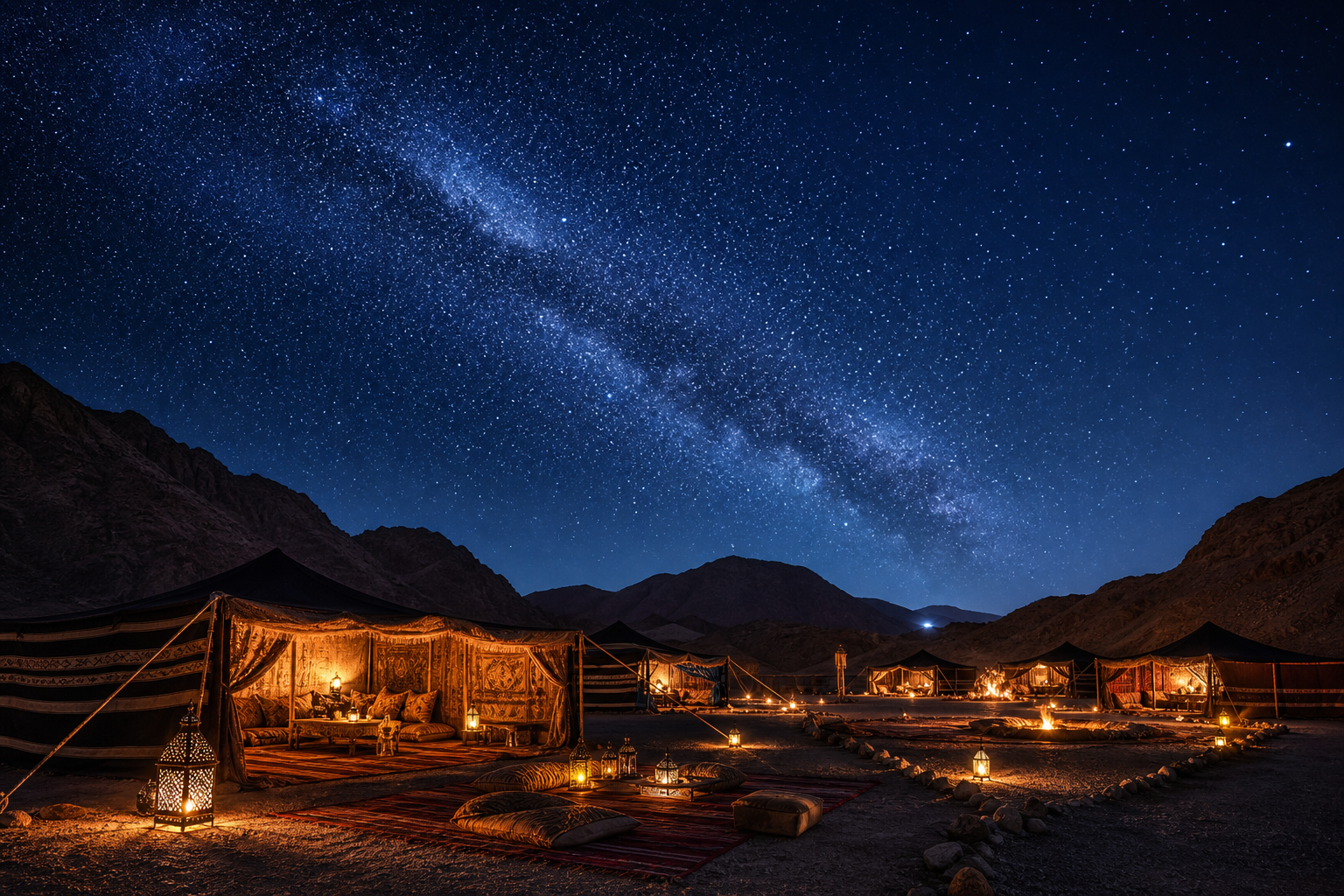 Support landscape of a Hurghada desert camp under a clear star-filled night sky