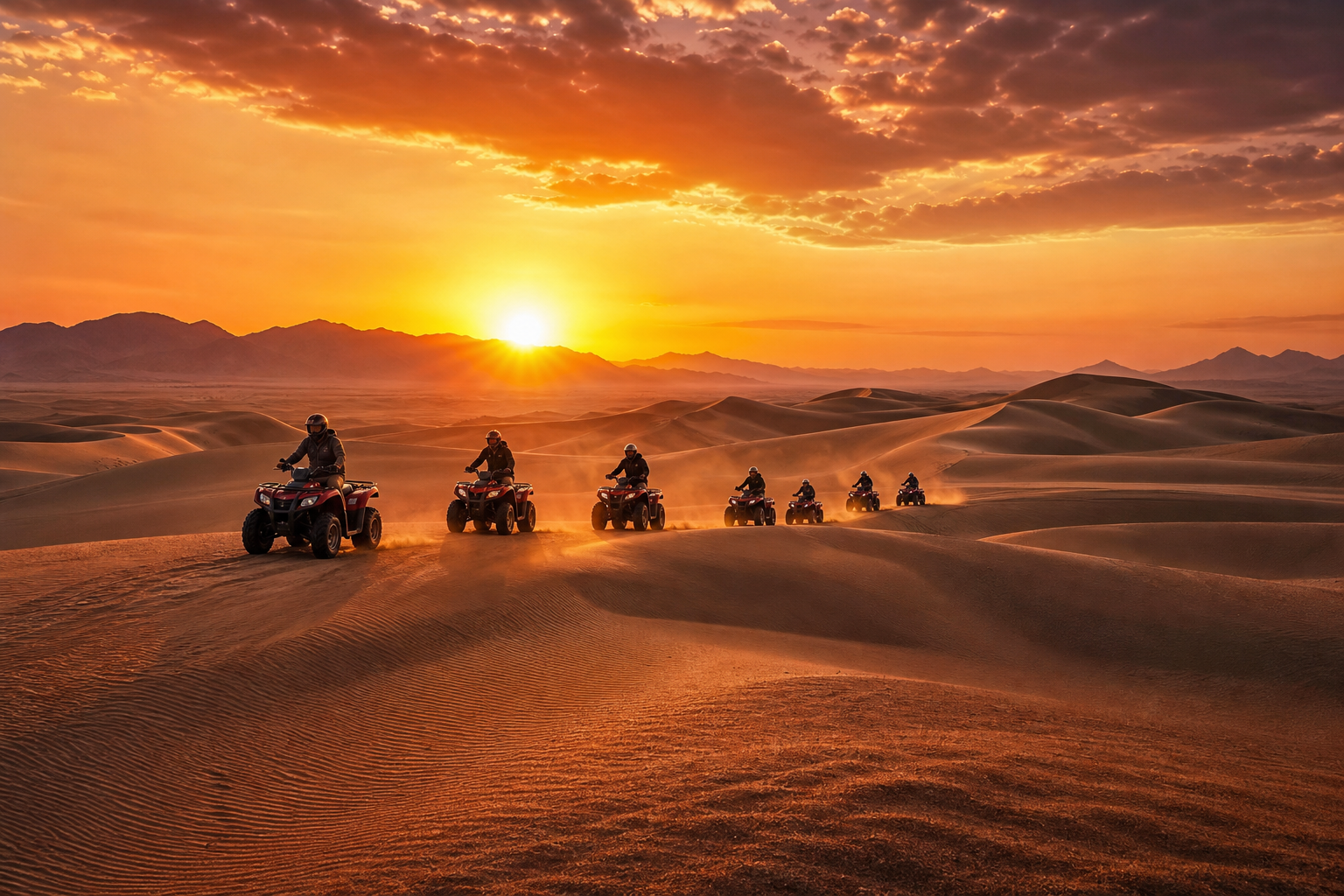 Premium desert safari scene at golden sunset with glowing dunes and riders in the distance