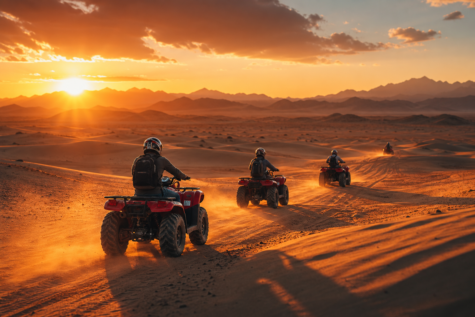Wide cinematic desert safari scene with quad bikes crossing golden dunes at sunset near Hurghada