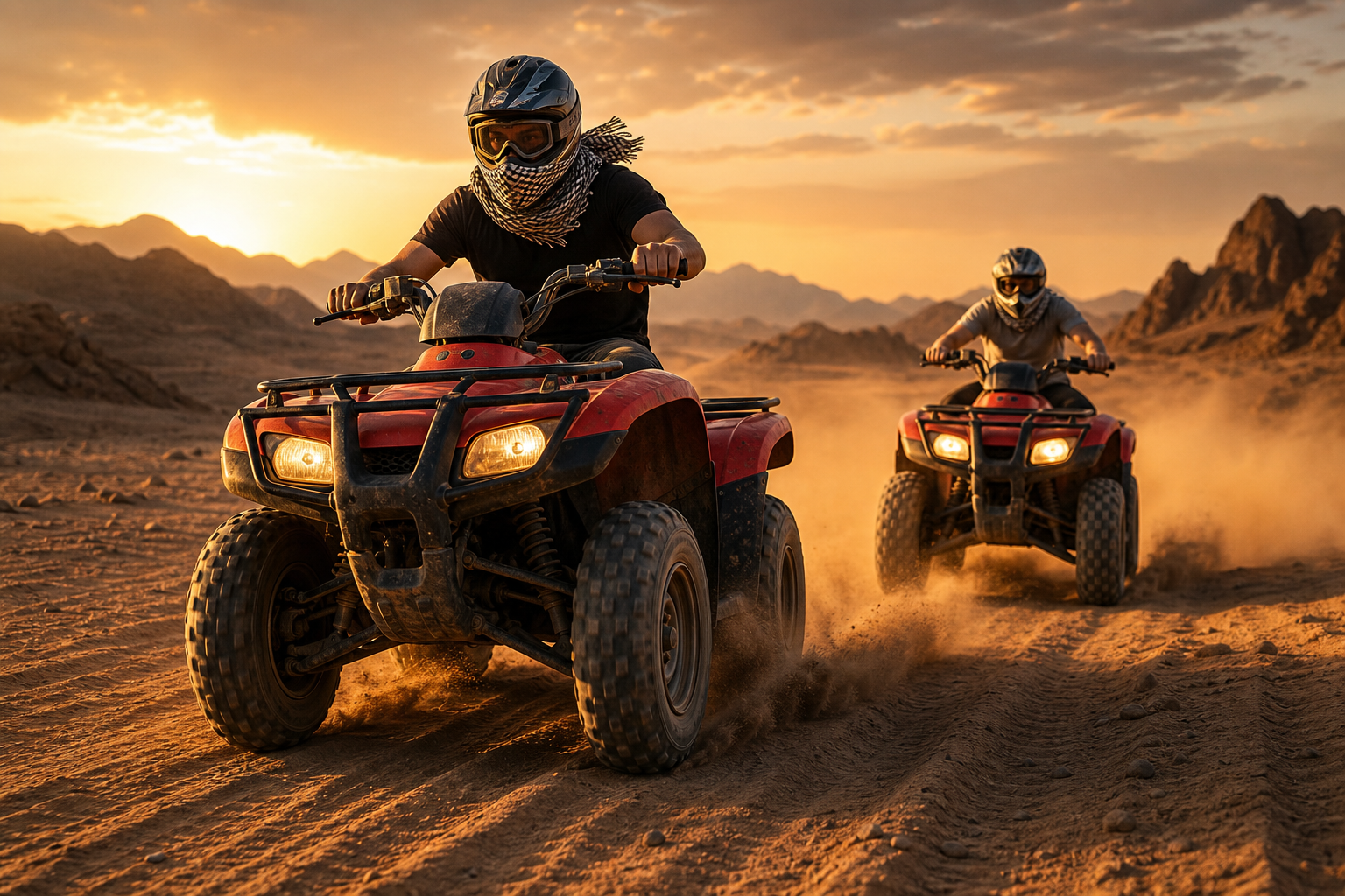 Quad bike action scene crossing desert tracks with dust trails in warm evening light