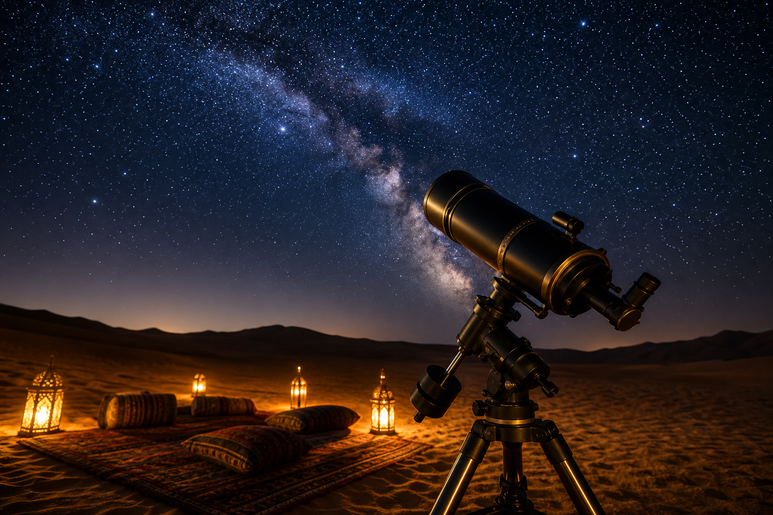 Desert stargazing moment with telescope pointed to a clear night sky full of stars