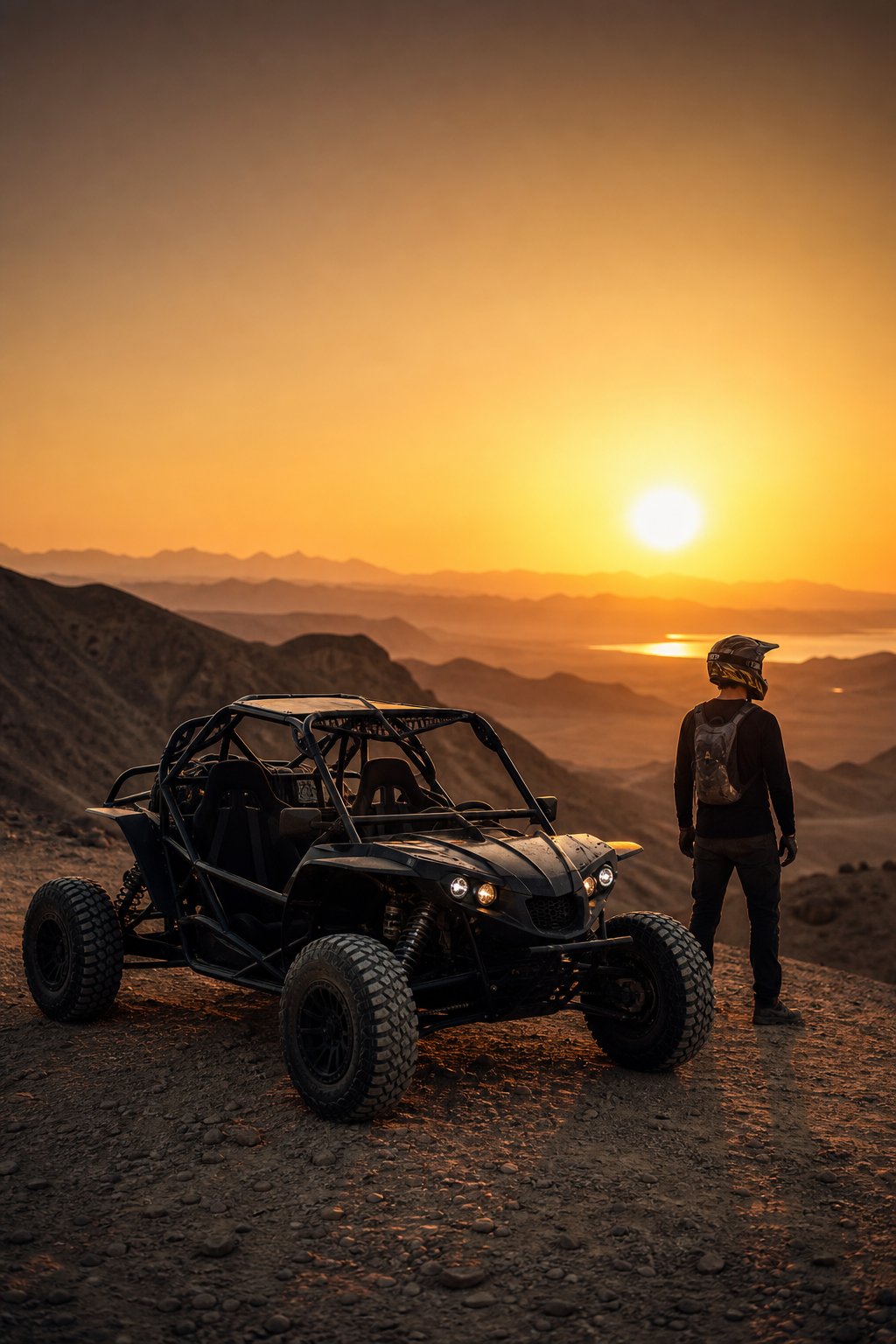Safari riders paused on a ridge during warm golden-hour sunset light