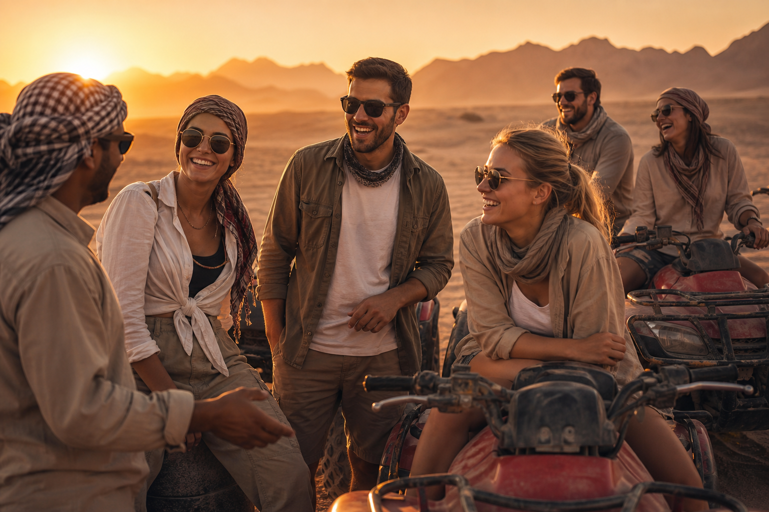 Candid joyful safari guests laughing together at sunset beside quad bikes in the Hurghada desert