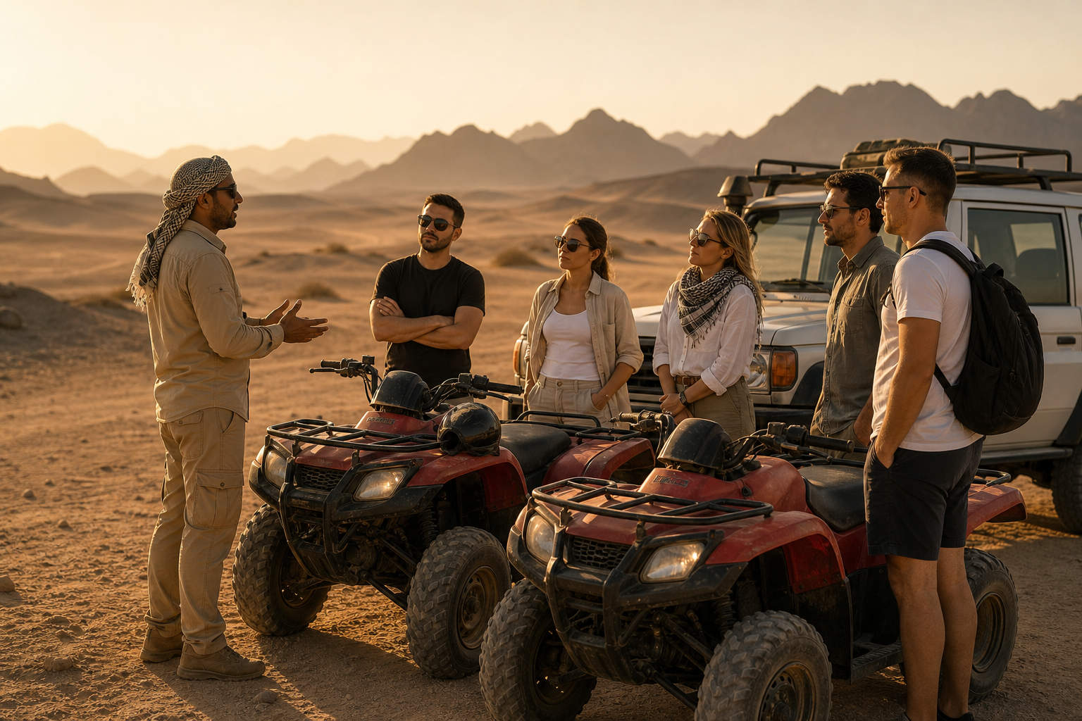Safari guide welcoming guests beside prepared quad bikes at sunset in the Hurghada desert