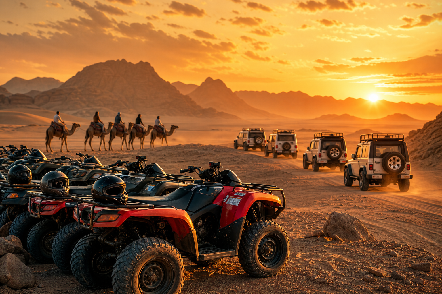 Cinematic panoramic view of organized Hurghada desert safari tours with quad bikes, a jeep convoy, and camel riders at warm sunset light