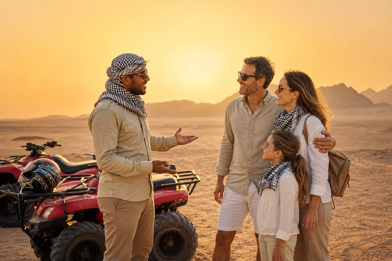 Local private safari guide welcoming a small family in Hurghada desert at sunset