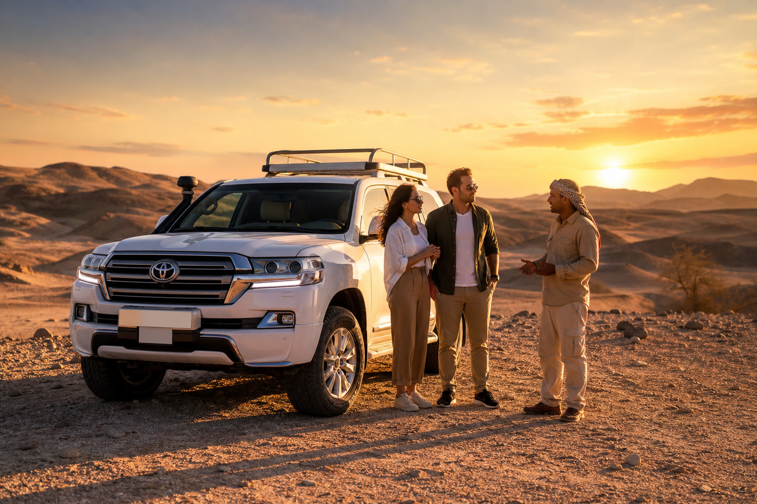 Elegant private desert safari setup at sunset with one couple, a local guide, and a premium 4x4 near rolling Hurghada dunes
