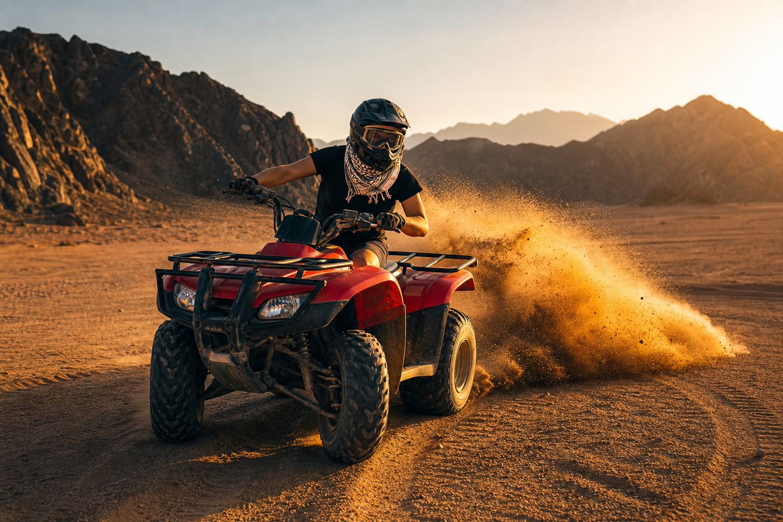 rider on a red quad bike kicking up sand on a winding Hurghada dune trail