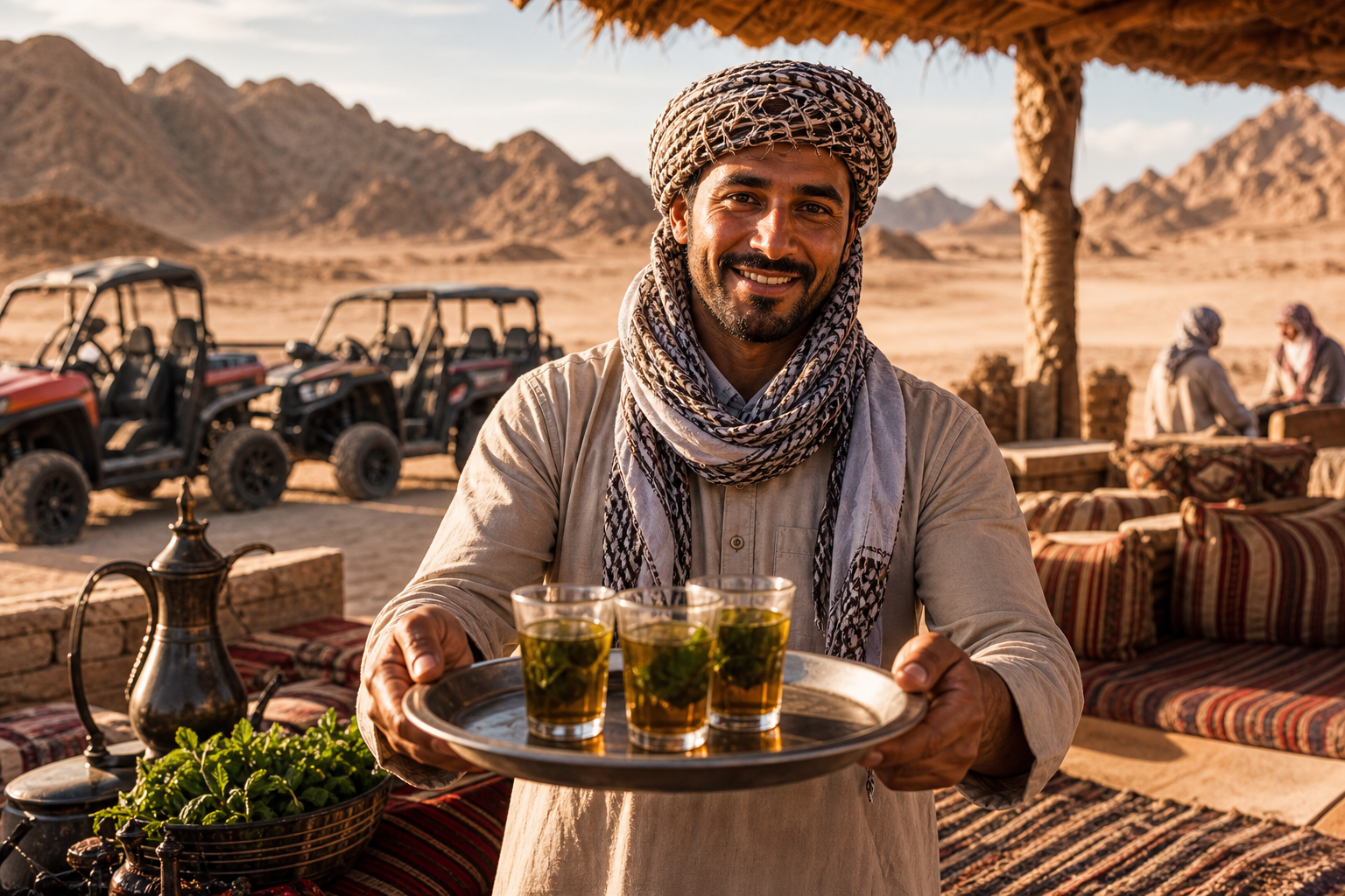 local safari guide serving mint tea with welcoming smile at organized desert rest camp