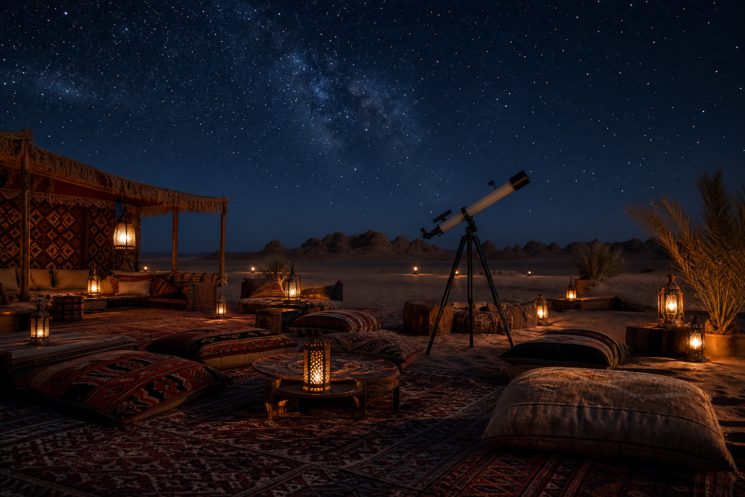 Refined desert camp stargazing setup with low lantern light, telescope, cushioned seating, and a clear night sky