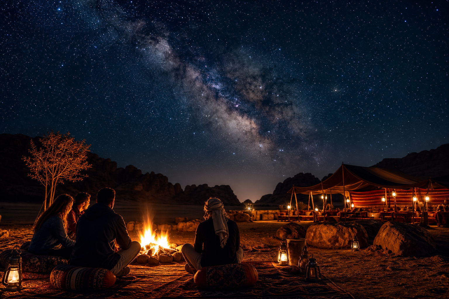 night desert campfire scene with travelers seated under clear star-filled sky