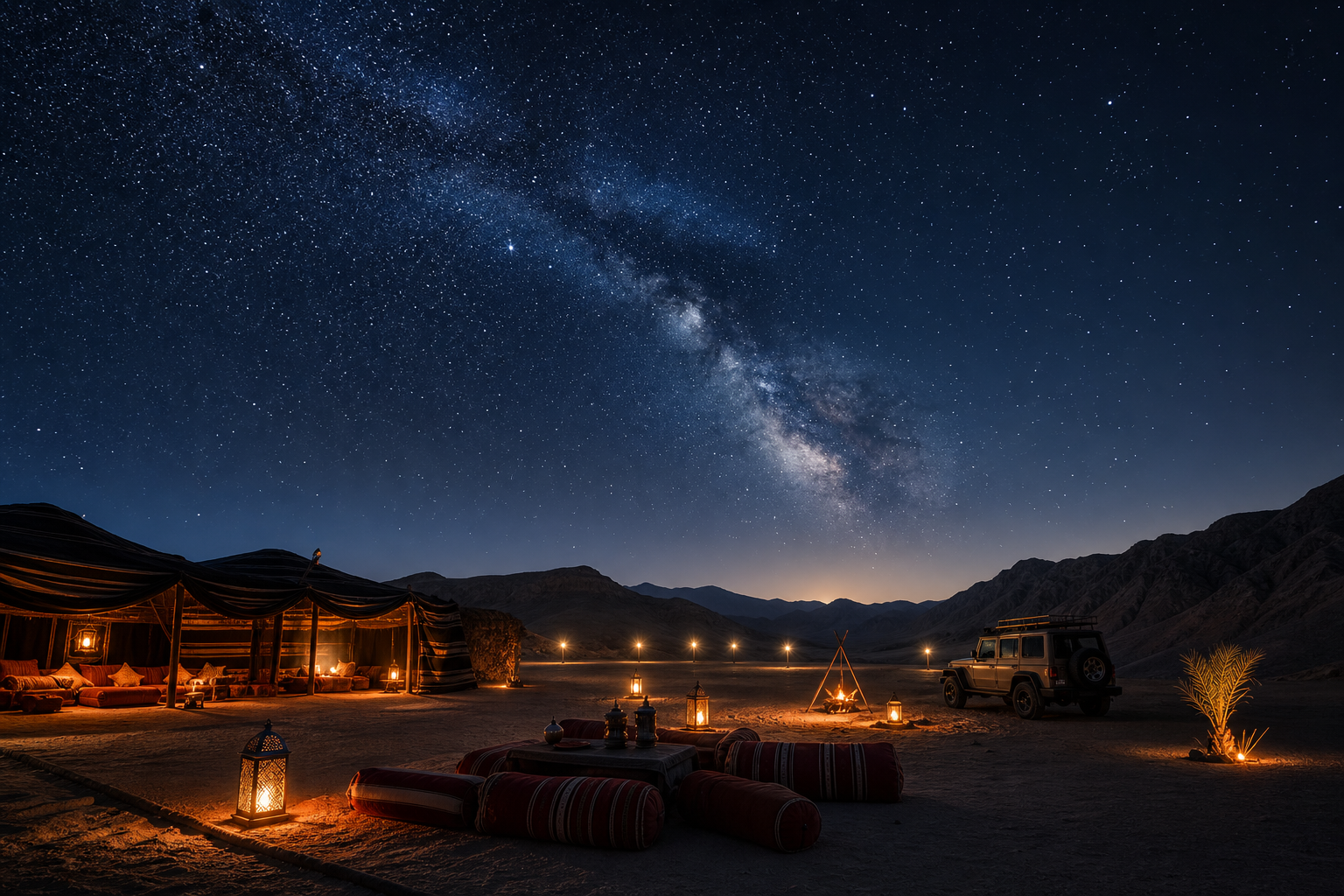 Cinematic night desert sky filled with stars above a calm safari camp setup in Hurghada