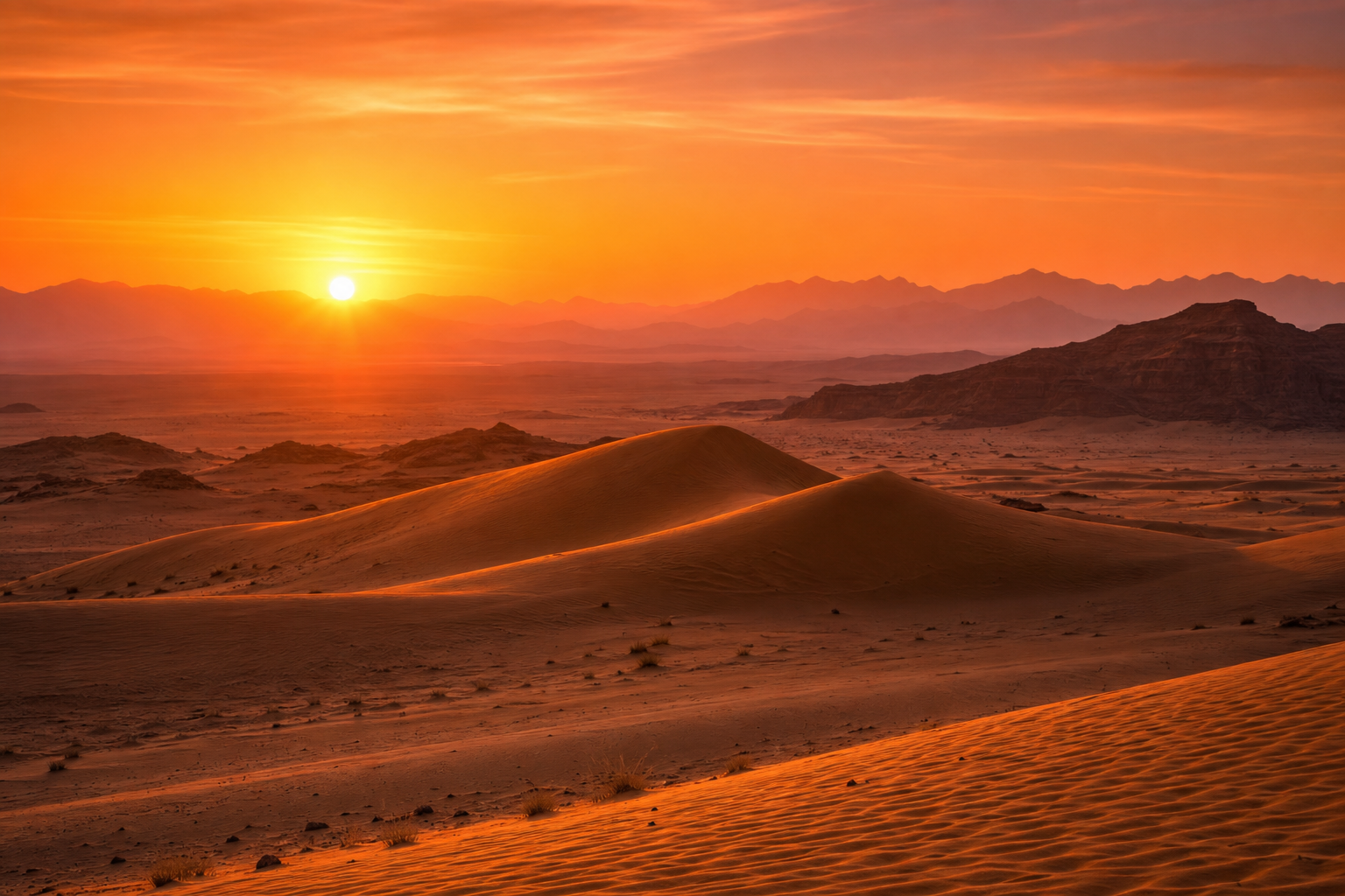 wide Hurghada desert landscape at sunset with layered dunes and glowing orange horizon