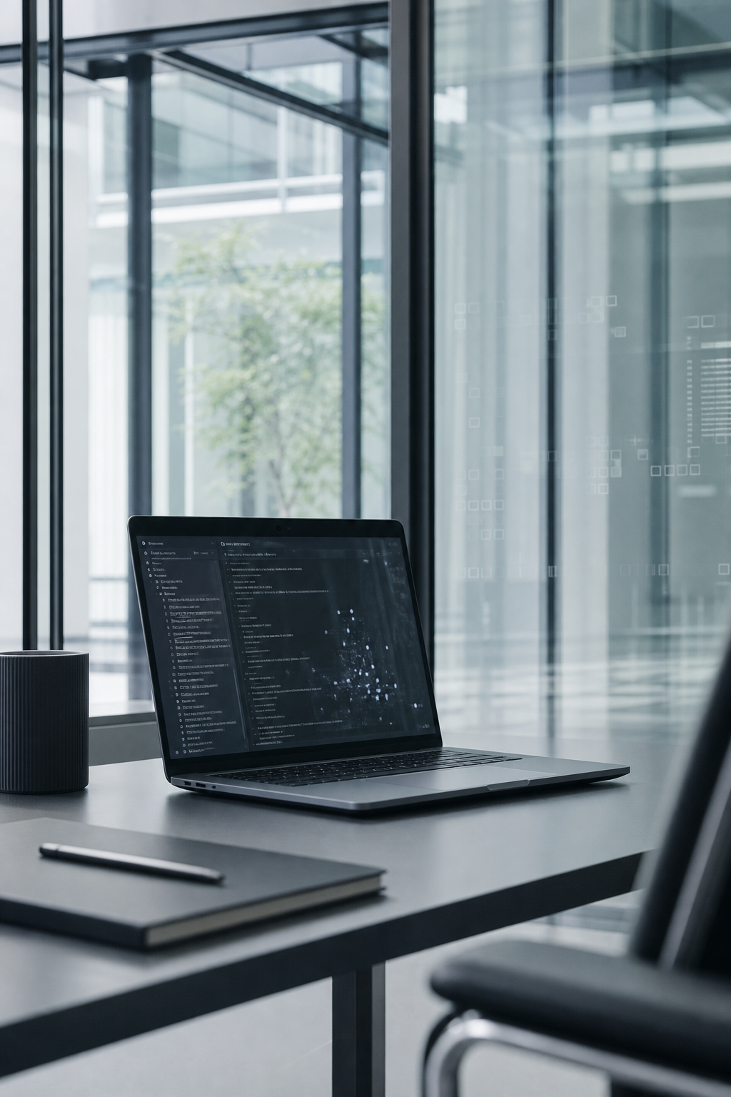 Muted editorial photograph of a modern technology workspace with layered glass reflections, laptop interfaces, and architectural lines