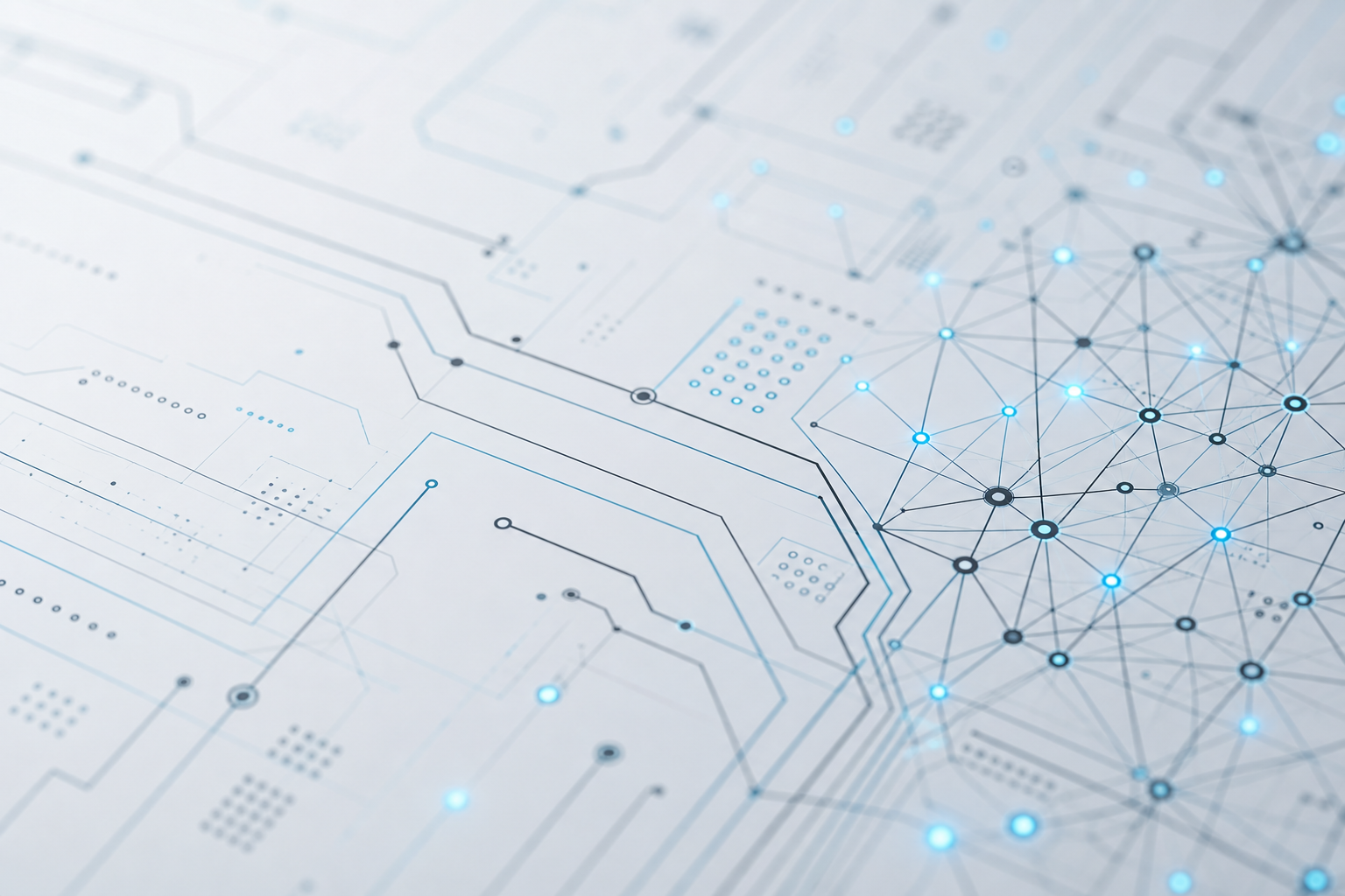Close abstract digital systems detail with network nodes, fine grid traces, and soft depth